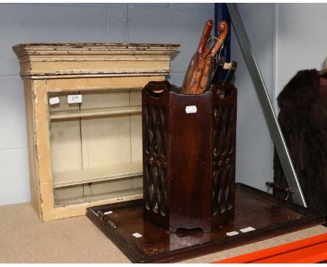 A Small 18th Centuary Painted Cupboard, converted from a country longcase clock hood, with moulded cornice over single glazed