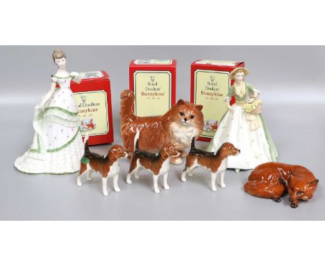 Beswick Animals Including Three Beagles, a fox, a cat, three boxed Royal Doulton Bunnykins figures, two Royal Worcester figur