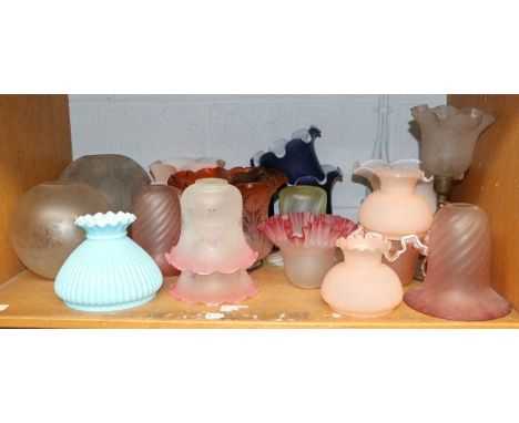 A Collection of Assorted Etched Cranberry and Other Glass Lamp Shades, Victorian and later, with handkerchief rims, two globe