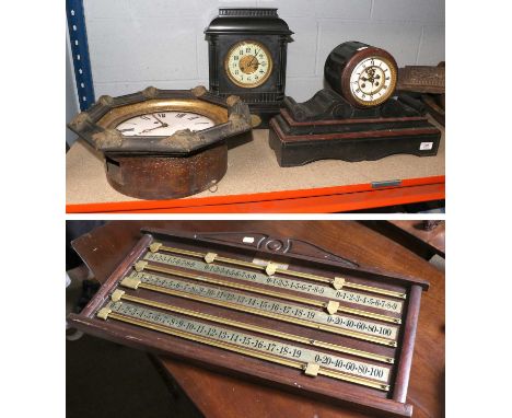 A Victorian Black Slate Mantel Clock, of architectural form, twin train eight day movement, Arabic dial, 37cm high, together 