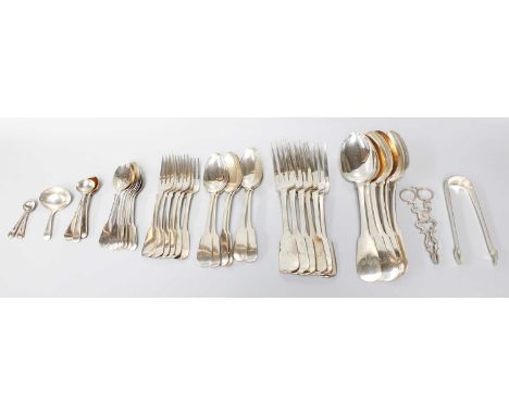 A George IV and Later Silver Table-Service, Some Piece Scottish, Some Newcastle, Fiddle pattern, later engraved with an initi