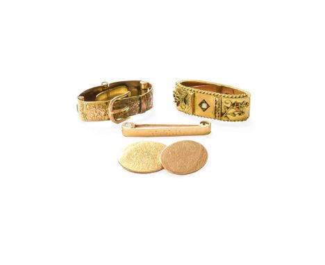 A Small Quantity of Jewellery, comprising of a single cufflink; a tie pin stamped '15CT'; a 9 carat gold split pearl scarf cl