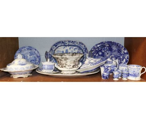 A Collection of 19th Century and Later English Printed Pottery, comprising meat dishes, tureen and cover etc. (one shelf)