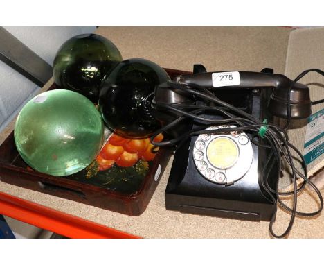 A Sunderland Glass Dump Weight, a pair of blown glass witches balls, a tray and a vintage rotary dial telephone (qty)
