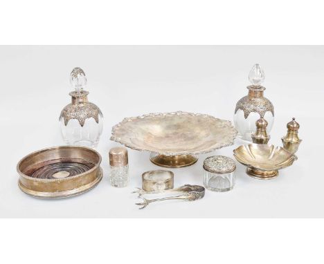 A Collection of Assorted Silver, comprising a pair of silver-mounted glass scent-bottles; a shaped circular pedestal-dish; a 