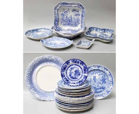 A Collection of Assorted English Pottery, mainly 19th century, printed in underglaze blue, including Spode, Brameld, Leeds, M