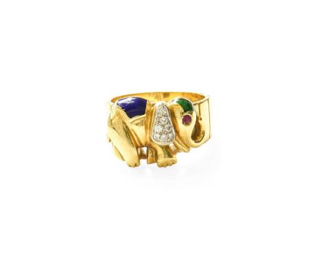 An 18 Carat Gold Enamel, Diamond and Ruby Elephant Ring, finger size L1/2Gross weight 9.4 grams.