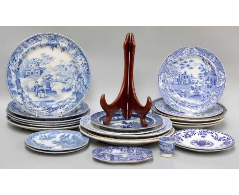 A Collection of 19th Century Transfer Printed Blue and White Plates, various factories, including Roger's, Davenport, Spode, 