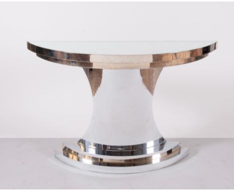 Produzione Italiana, Console a demi-lune, Anni 70. Struttura in metallo cromato e piano a specchio, H cm 86x130x42 (usure - d