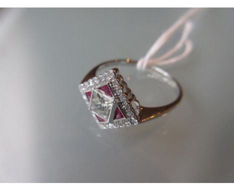 18ct White gold ruby and diamond set square form dress ring