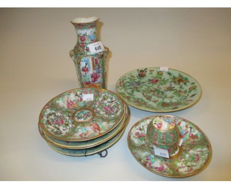 Canton baluster form two handled vase, similar box and cover, six various similar dishes and saucers