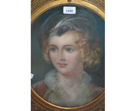 19th Century pastel study, oval head and shoulder portrait of a lady wearing a feather bonnet and ruff collar, 16.5ins x 13.5