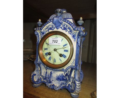 Continental pottery cased two train mantel clock (a/f), 19th Century English porcelain part dessert service, similar Ironston