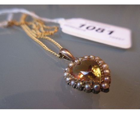 9ct Gold heart shaped citrine and pearl pendant on chain