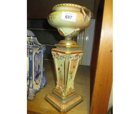 Royal Worcester porcelain vase in the form of a miniature jardiniere on stand with floral painted decoration (restored)