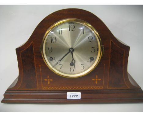 Edwardian mahogany and inlaid three train mantel clock together with a Smiths walnut two train mantel clock
