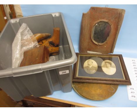 Pair of beechwood three section ladies shoe trees, continental mirror inset roof tile, two items of brassware and a double po
