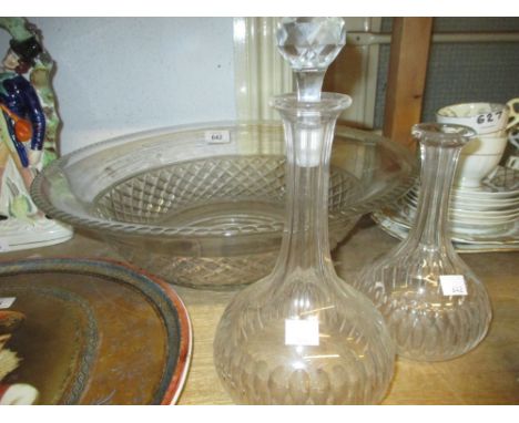 Circular cut glass wash basin together with two glass decanters