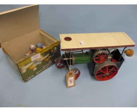 Mamod live steam model traction engine together with a Chinese tin plate model motorcycle with side car in original box