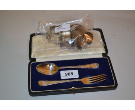 Cased silver Christening fork and spoon together with five various silver napkin rings