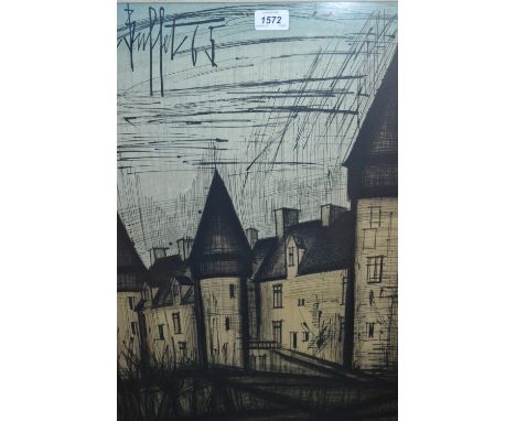 20th Century French coloured lithograph, building with three turrets, after Bernard Buffet, signed and dated '65 within the p
