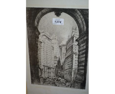 Frank Armington, signed etching, New York Street scene, 15.5ins x 10ins including margins