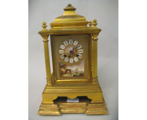 19th Century French ormolu and porcelain mantel clock, the dial with Roman numerals and painted with a coastal scene with sim