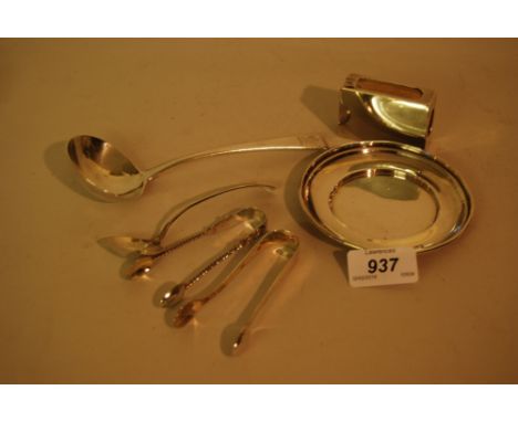 Chinese silver matchbox case, George III silver ladle, two pairs of silver sugar tongs, another silver ladle and a small dish