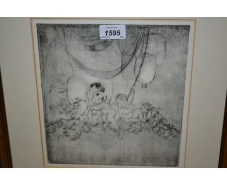Katie Blackmore, etching, oriental children with lanterns, typed label verso, 9.5ins x 8.5ins