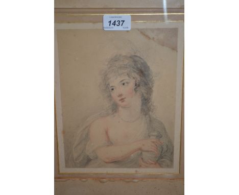 19th Century pencil and watercolour study, half length portrait of a classical female, 8.5ins x 6.5ins, gilt framed