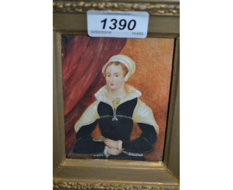 Gilt framed miniature portrait painting, study of an Elizabethan lady