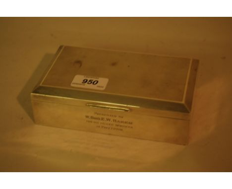 Birmingham silver rectangular two division cigarette box with engine turned cover, engraved with presentation inscription