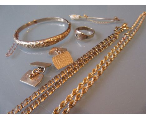 Pair of 9ct gold cufflinks, two 9ct gold chains, a ring, stick pin and a 9ct gold bangle