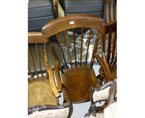 Stick back open elbow chair with elm seat, mahogany open elbow chair with woolwork seat and back and three various other chai