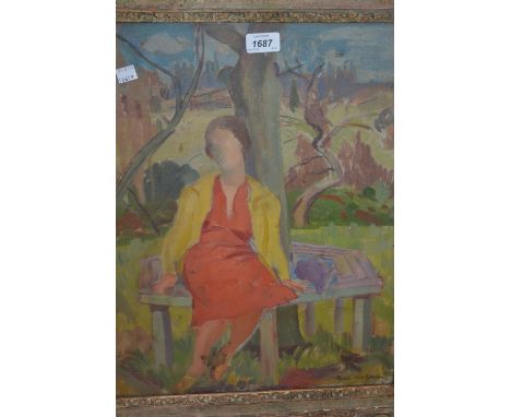 Robin Wallace, oil on board, a lady seated on a bench at the base of a tree in a landscape, signed and inscribed verso, ' Mar