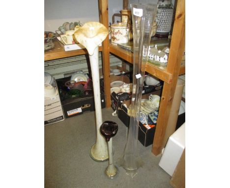 Large tall Art glass floor vase, together with a clear glass floor vase and another smaller vase