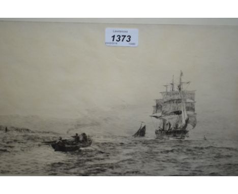 Roland Langmaid, signed etching, maritime scene with three masted sailing vessel and figures in an open boat, 9.5ins x 14ins 