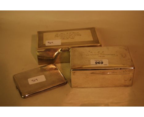 Two rectangular silver cigarette boxes together with an engine turned silver cigarette case