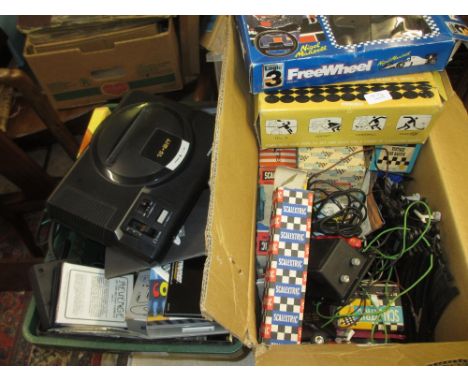 Box containing a quantity of Scalextric cars, accessories and track