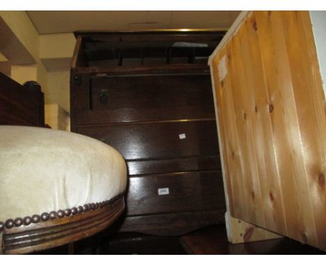 1930's Oak bureau with fall front above three drawers together with a painted tin trunk