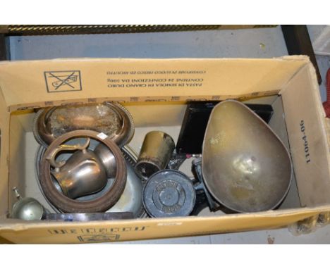 Pair of painted iron and brass kitchen scales with weights, together with a quantity of other metal items and a small quantit