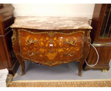 20th Century French gilt metal mounted and floral marquetry decorated two drawer commode chest with marble top, 47ins wide x 