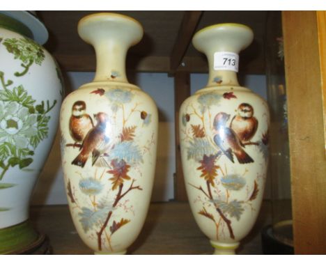 Pair of Victorian opaque glass baluster form vases having enamel and hand painted decoration of flowers and birds