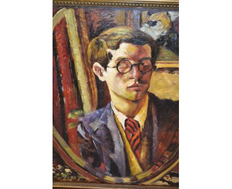 20th Century oil on canvas board, head and shoulder portrait of a young man in Bloomsbury style, inscribed verso, gilt framed