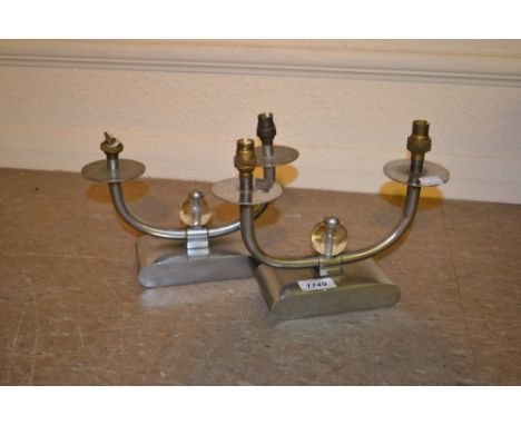 Pair of Art Deco chromium plated and glass two branch lamps