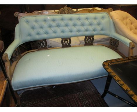 Early 20th Century blue button upholstered and beechwood two seater sofa on cabriole front supports