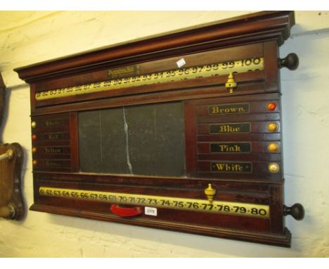 Large mahogany snooker / billiard score board with slate centre (a/f) and colour indicators having mother of pearl inset coun