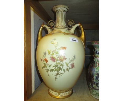 Large Royal Worcester baluster form two handled pedestal vase painted with flowers, 15.5ins high