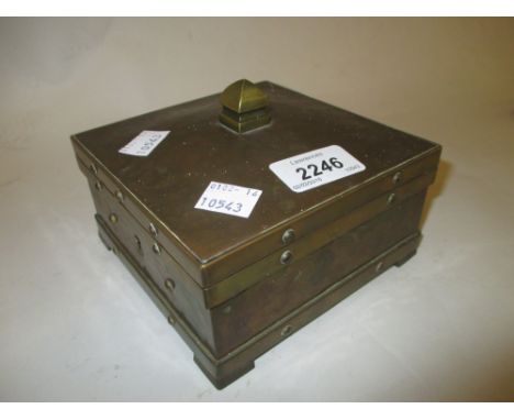 Art and Crafts square beaten brass casket with hinged cover