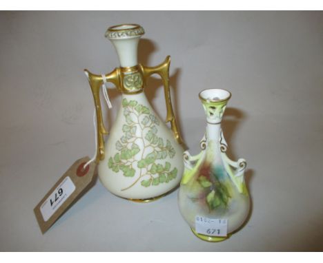 Royal Worcester floral decorated blush ivory two handled vase together with a Worcester Hadley floral decorated two handled v